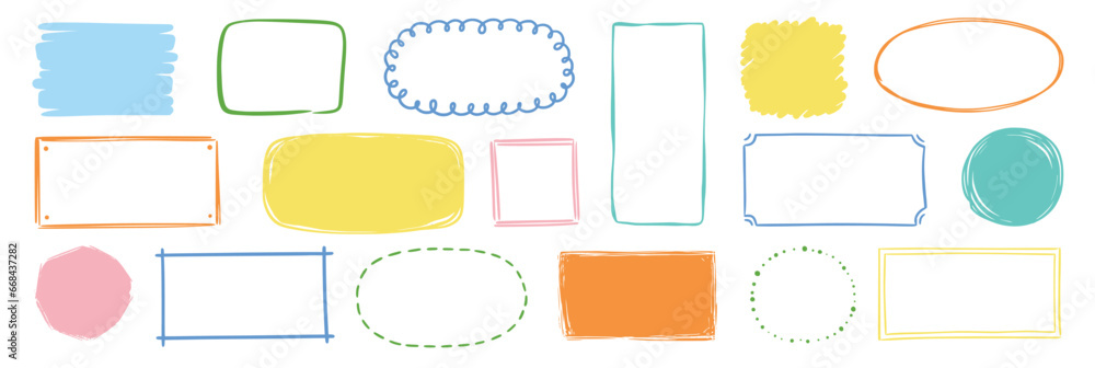 Leinwandbilder hand drawn doodle color frame set. box, square, rectangle, circle shape brush pen line stroke scribb
