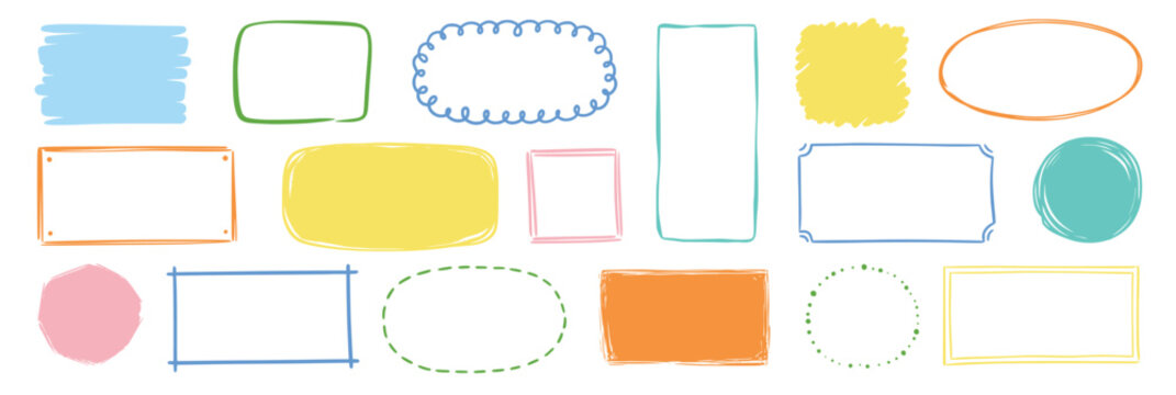Hand drawn doodle color frame set. Box, square, rectangle, circle shape brush pen line stroke scribble element. Hand drawn simple oval, square frame for text border. Vector illustration