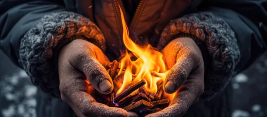 Gordijnen Woman warming her hands around fire in fireplace on urban street in cold winter © 2rogan