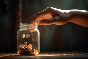 Fotobehang close up of a hand putting a coin into a glass jar  money saving for taxes concept  save for retirement idea  investment on currency © Alan