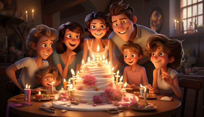 Family celebration smiling child enjoys birthday cake by candlelight generated by AI - obrazy, fototapety, plakaty
