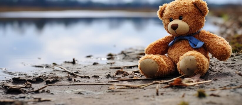 Lonely teddy bear formerly loved now abandoned without kids to play