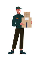 Person of various profession concept. Courier and loader with cardboard boxes. Man in green uniform. Home delivery and shopping. Cartoon flat vector illustration isolated on white background