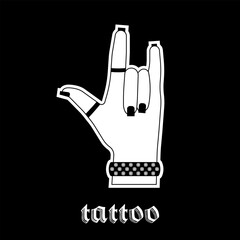 Girl's hand with curved fingers, bracelet, black manicure. Inscription Tattoo. Gothic aesthetic in y2k, 90s, 00s and 2000s style. Emo Goth tattoo sticker on black background. Vector art illustration