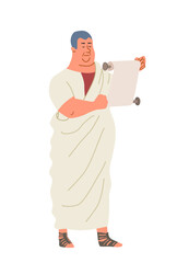 Ancient rome person. History and culture. Man with scroll in white blanket. Duke and poet, theatrical artist. Template and layout. Cartoon flat vector illustration isolated on white background