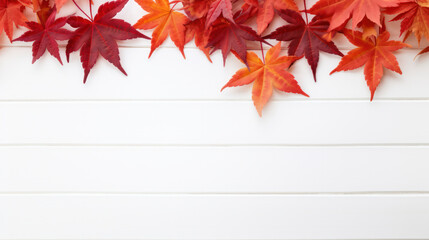 Obraz premium Red maple leaves on light wooden background, Cozy Autumn, Fall season, Copy space. Generative AI