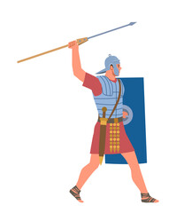 Ancient rome person. History and culture. Man with spear and shield in armor. Warrior and gladiator. Armed conflict and war. Cartoon flat vector illustration isolated on white background