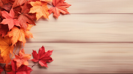 Red maple leaves on light wooden background, Cozy Autumn, Fall season, Copy space. Generative AI
