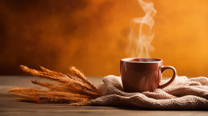 Cozy autumn, Cup of coffee on wooden background, Copy space. Generative AI - obrazy, fototapety, plakaty