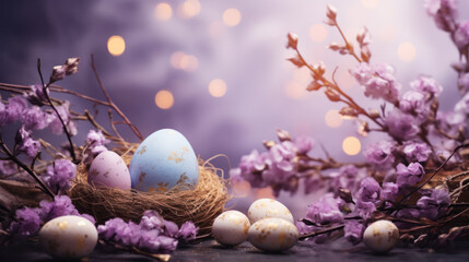 Fototapeta na wymiar Colorful Easter eggs in nest, Happy Easter season, Floral decoration, Copy space. Generative AI