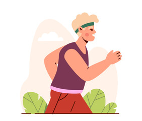 Running person outdoor. Man in green headband. Active lifestyle and sports. Workout and training. Graphic element for website. Cartoon flat vector illustration isolated on white background