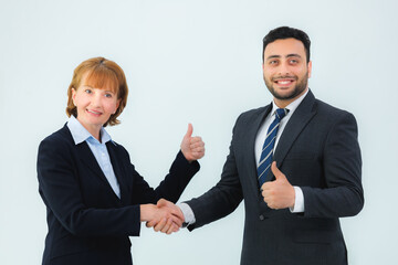 business man and business woman shaking hands in the office