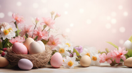 Colorful Easter eggs in nest, Happy Easter season, Floral decoration, Copy space. Generative AI