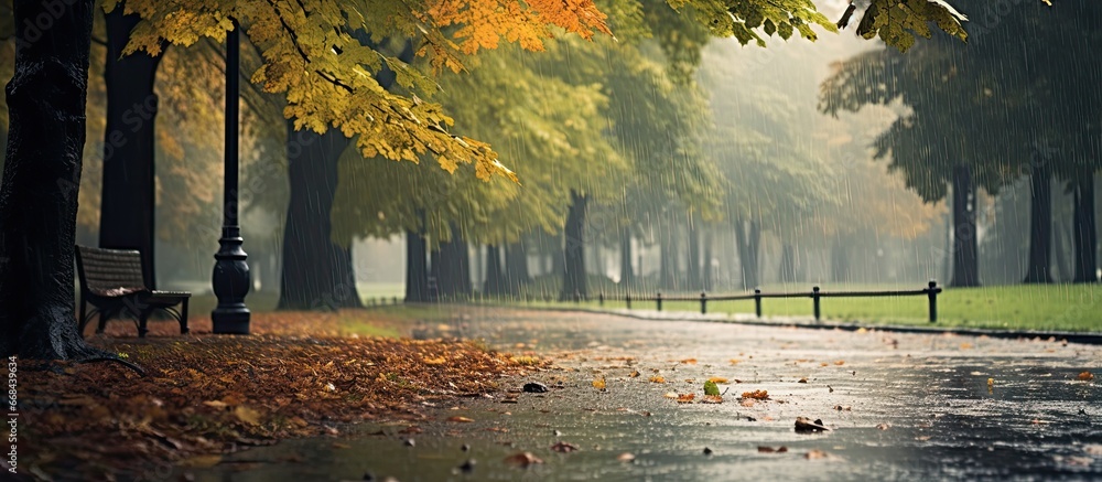 Poster October park with rainy windy weather water drops sad atmosphere