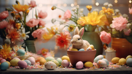 Obraz na płótnie Canvas Easter eggs and rabbit, Happy Easter season, Floral decoration, Copy space. Generative AI