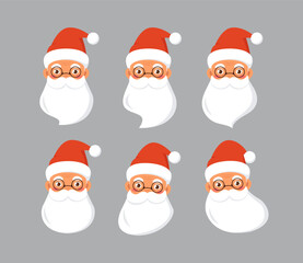 Obraz na płótnie Canvas Santa claus character head set. New Year and Christmas. Symbol of winter holidays. Different feelings, moods and facial expressions. Cartoon flat vector collection isolated on grey background