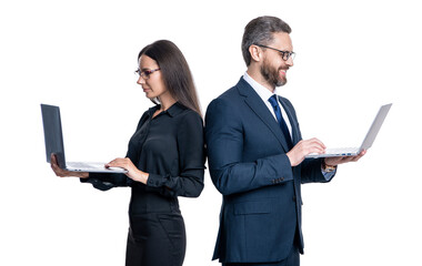 remote business work. boss and employee using laptop. businesspeople isolated on white. remote business online. busy businesspeople colleagues. agile business. start a business