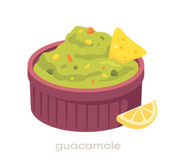 Tasty sauce in plate. Ingredient for tasty dishes. Cafe or restaurant menu. Guacamole in bowl. Template and layout. Cartoon flat vector illustration isolated on white background