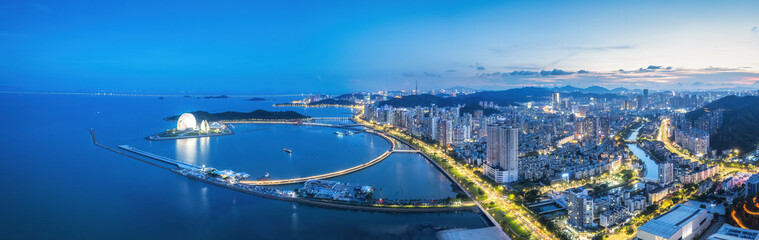 Fototapeta na wymiar Aerial photography of modern architectural landscape at night in Zhuhai, China