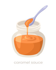Tasty sauce in plate. Ingredient for tasty dishes. Cafe or restaurant menu. Caramel sauce in glass bowl. Template and layout. Cartoon flat vector illustration isolated on white background