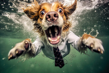 Corporate Plunge: Enthusiastic Dog's Underwater Adventure