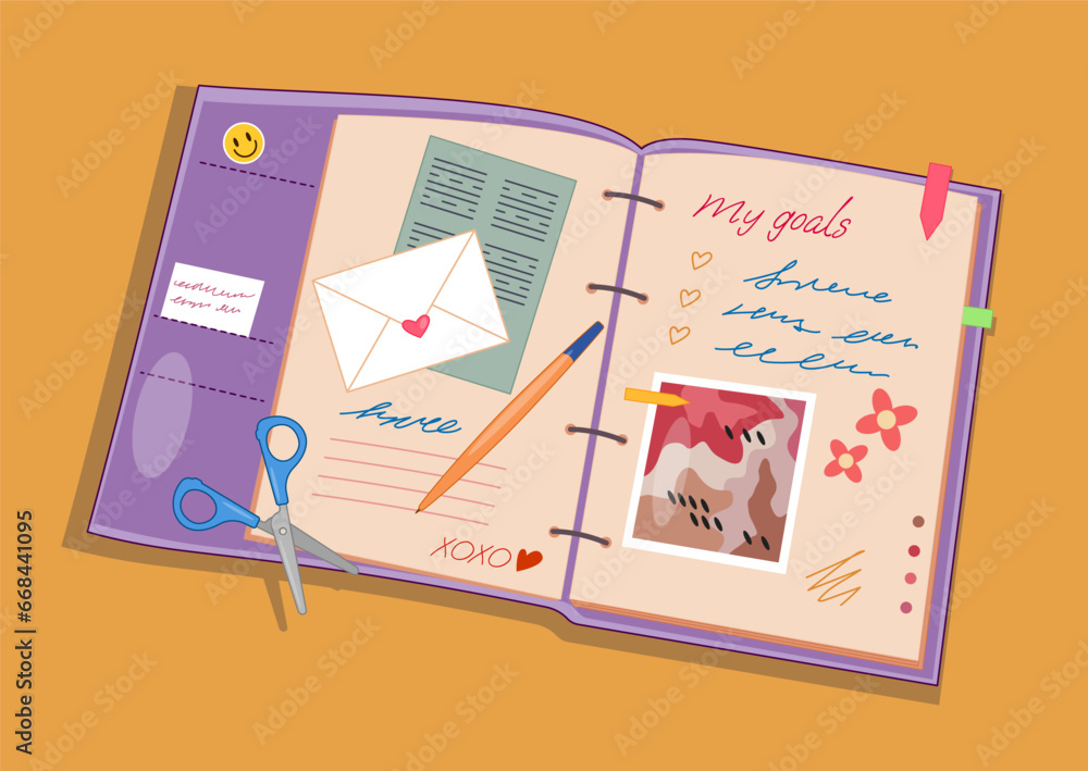 Poster notebook and organizer. textbook with notes and pictures near pencil and scissors. time management a