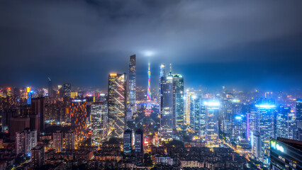 Fototapeta premium Aerial photography of modern architectural landscapes at night in Guangzhou, China