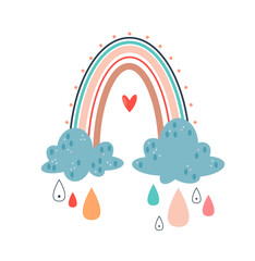 Drawing in scandinavian style. Rainbow with clouds with rain drops and heart. Dream, imagination and fantasy. Aesthetics and elegance. Cartoon flat vector illustration isolated on white background