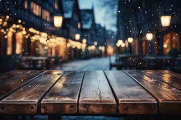 Wooden table, empty space with illuminated Christmas town square in vintage style. Generative AI. - obrazy, fototapety, plakaty