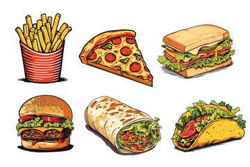 Set of fast food icons. Vector illustration in hand drawn style.