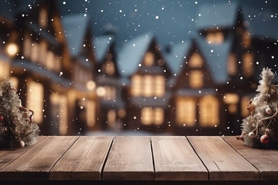 Wooden table, empty space with illuminated Christmas town square in vintage style. Generative AI.