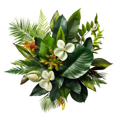 Bouquet of flowers with tropical leaves, Summer bouquet, flower arrangement or bouquet spring flowers isolated on a transparent background. Generative AI
