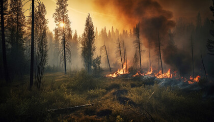 Forest fire inferno destroys natural beauty in non urban wilderness area generated by AI