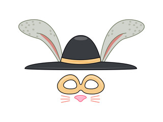 Set of props for Easter. Black hat with bunny ears and yellow glasses. International religious holiday. Carnival face mask. Cartoon flat vector collection isolated on white background