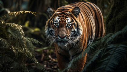 Bengal tiger staring, close up portrait of majestic wildcat beauty generated by AI