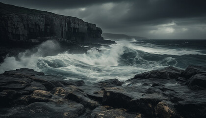 Majestic cliff, rough wave, dramatic sky, horizon over water generated by AI