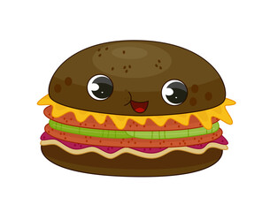 Fast food element sticker. Black hamburger and burger character. Menu for street cafe and catering. Poster or banner. Cartoon flat vector illustration isolated on white background