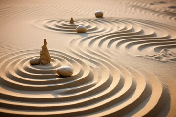 Zen, garden, raked sand, balance, wellness, tranquility, rocks, peace, meditation, pattern, harmony, mindfulness, spiritual, calm.