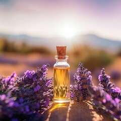 Glass bottle with lavender oil on a natural blurred background.AI generated