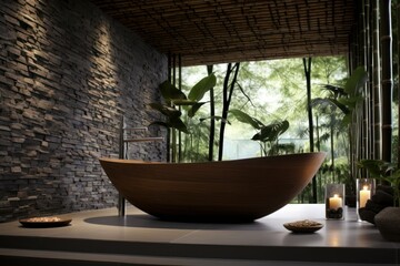 Zen-inspired bathroom with bamboo accents and stone bathtub.