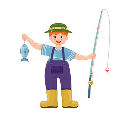 Items for fishing set. Colorful fisherman with fishing rob. Active lifestyle and leisure. Happy kid in rubber boots and casual clothes. Cartoon flat vector collection isolated on white background