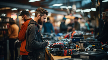 Handsome bearded man choosing a tool in a hardware store. - obrazy, fototapety, plakaty