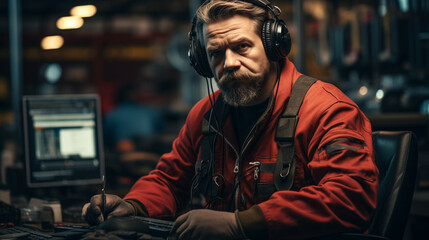 Fototapeta premium Portrait of a serious mature man working in a factory. He is wearing headphones. for Customer care 