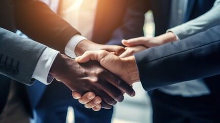 Top view of business team shaking hands, covering hands, hands joining forces together.