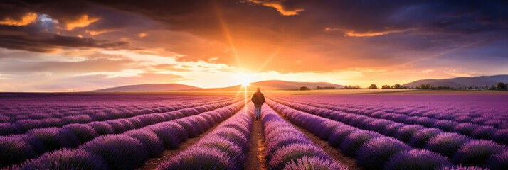 beautiful twilight sky in a lavender field - obrazy, fototapety, plakaty