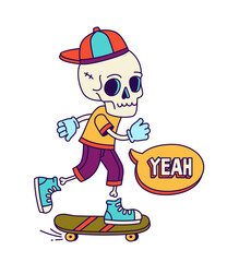 Skeleton skater with board. Creepy character at skateboard. Active lifestyle and extreme sport. Cool and trendy label. Cartoon flat vector illustration isolated on white background