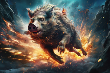 Image of abstract fantasy of boar is angry with a hot fire. Wildlife Animals.
