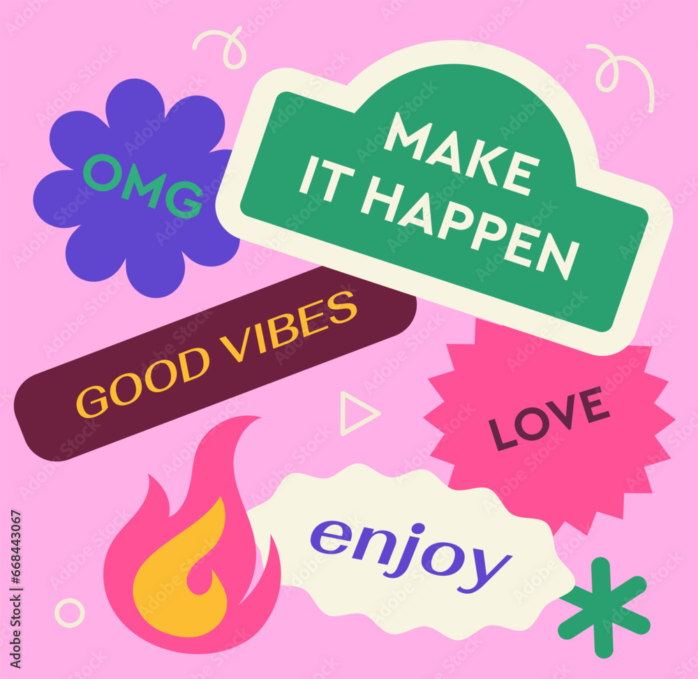 Poster set of colorful retro stickers. abstract shapes with text. fire with bright speech bubbles. back to 