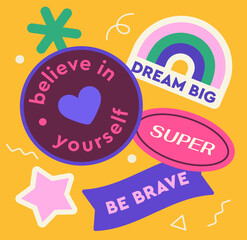 Set of colorful retro stickers. Abstract shapes with text. Rainbow with dream big inscription. Positive and motivational quote. Cartoon flat vector collection isolated on yellow background