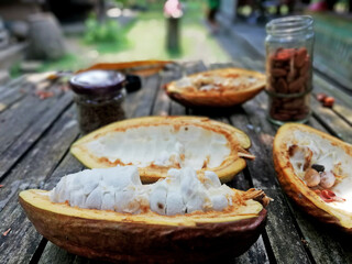 Cacao fruit in close up, placed on the table